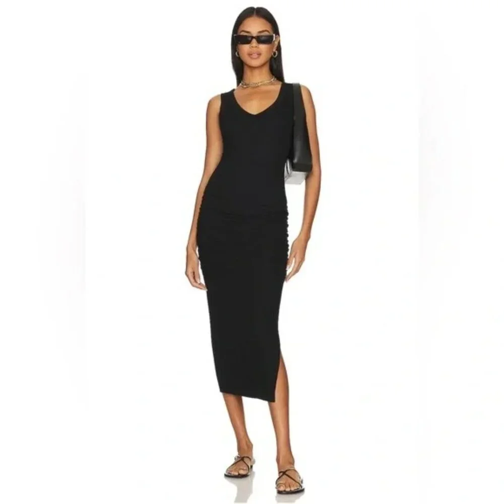 MICHAEL STARS Black Ribbed Midi V-Neck Side Slit Dress SMALL Lori Revolve Ruched - Picture 2 of 10